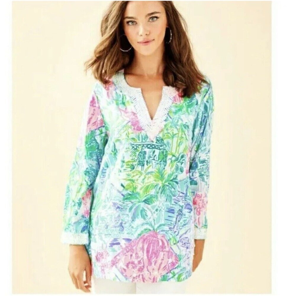 LILLY PULITZER Renato Bohemian Queen Sequin Trim Tunic Top XS Tropical Resort